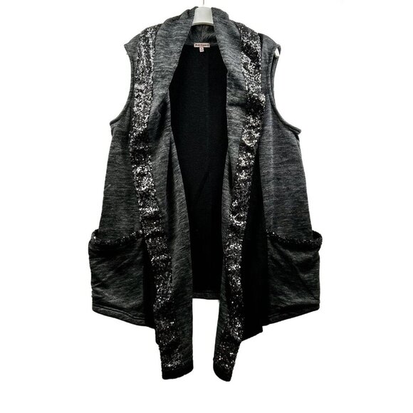Juicy Couture Women's Open Vest Cardigan Sequin Embellished Oversized Blk/Gray M - Picture 1 of 7